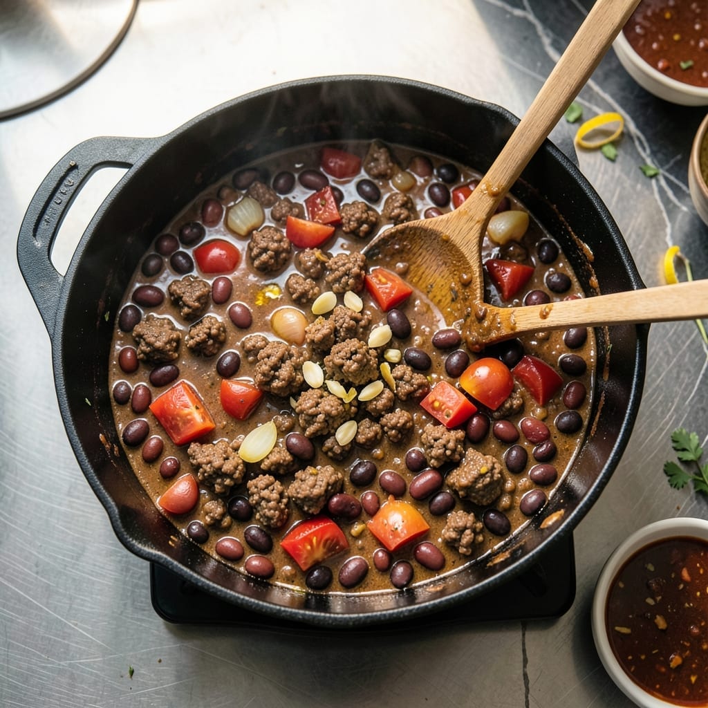 Chili Recipe in Pot on Stove: Smoky Beef and Bean Simmer Chili Recipe in Pot on Stove: Smoky Beef and Bean Simmer
