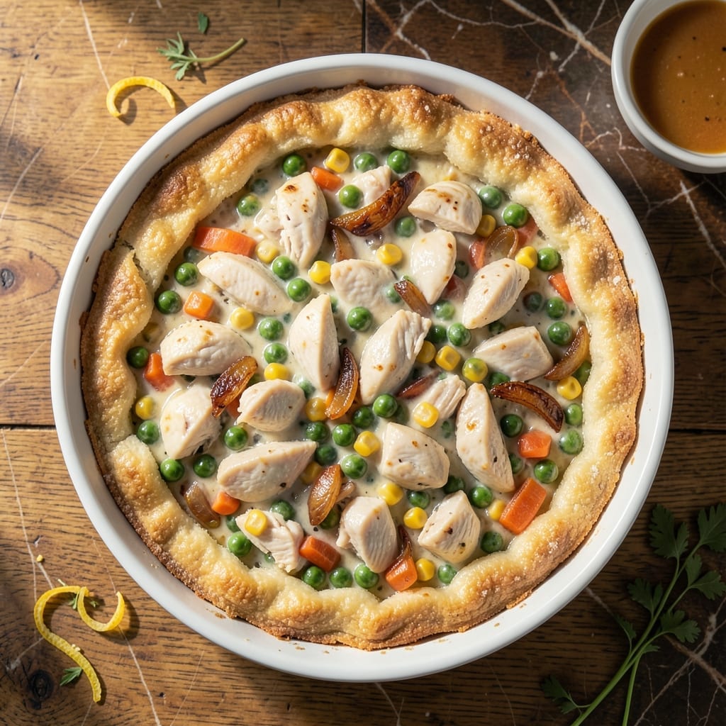 Healthy Chicken Pot Pie Casserole Recipe: Flaky Biscuit Topping Over Light Herb Filling