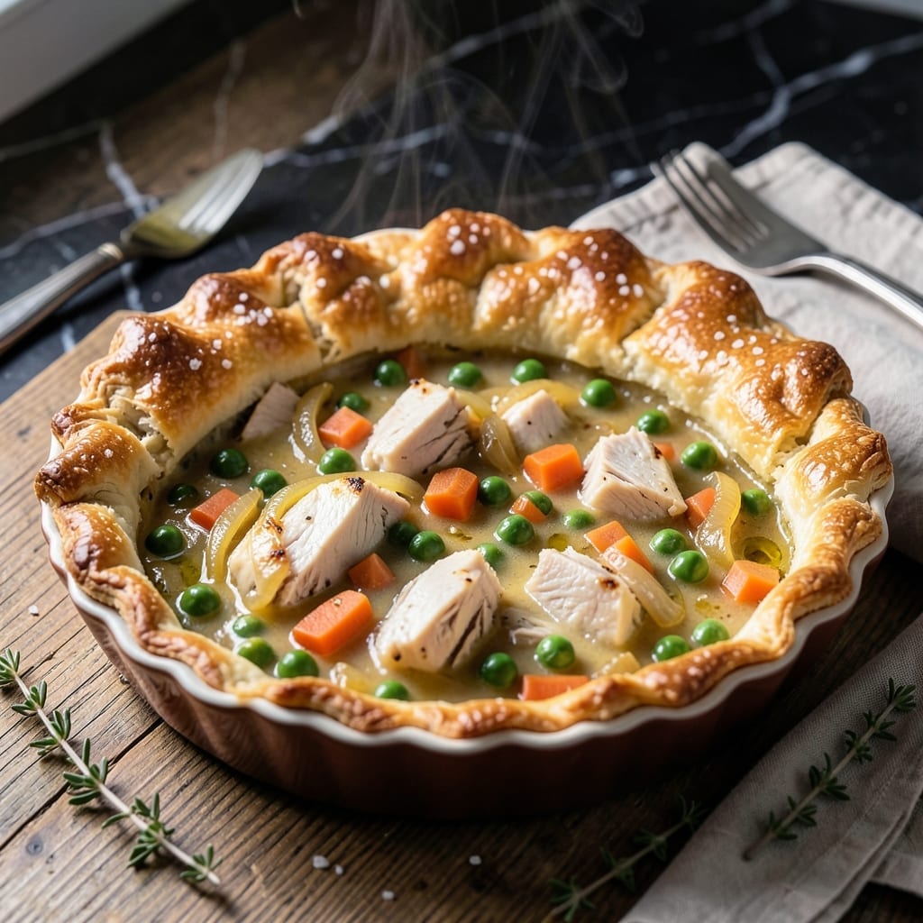 Left Over Turkey Pot Pie Recipe: Flaky Crust Over Savory Herb Filling Left Over Turkey Pot Pie Recipe: Flaky Crust Over Savory Herb Filling