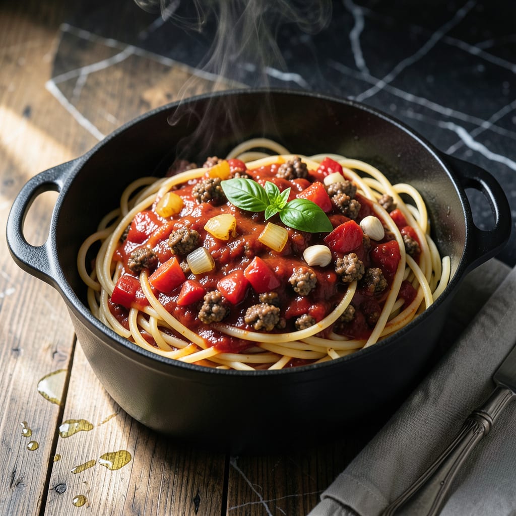 1 pot spaghetti recipe illustration with key details