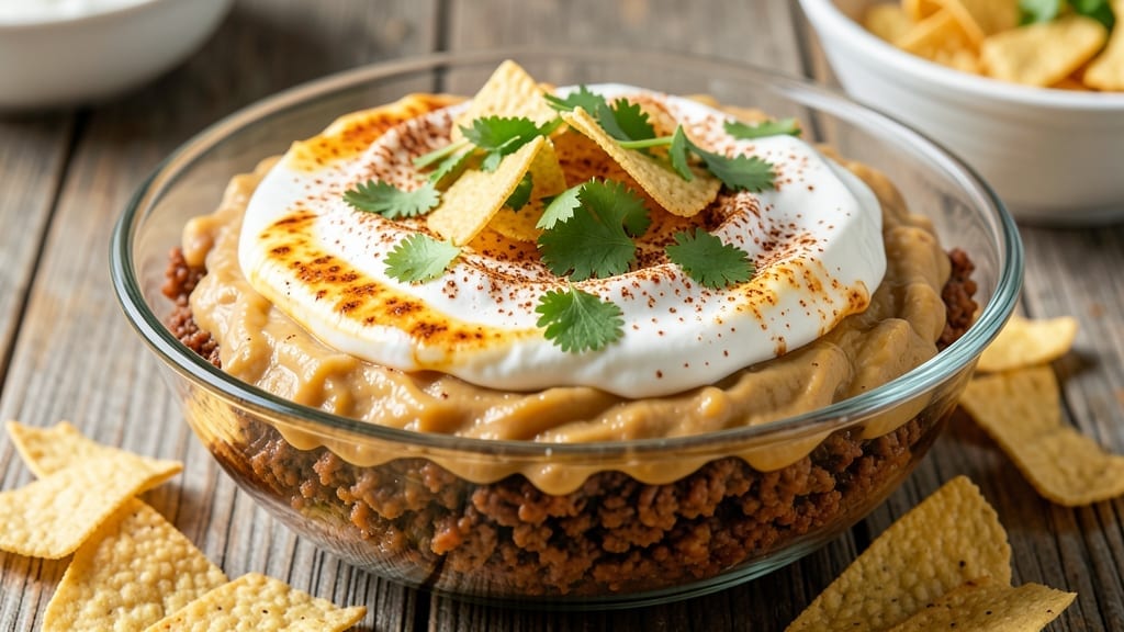 7 Layer Bean Dip Recipe with Ground Beef: Hearty Fiesta Dip With Crispy Topping 7 Layer Bean Dip Recipe with Ground Beef: Hearty Fiesta Dip With Crispy Topping