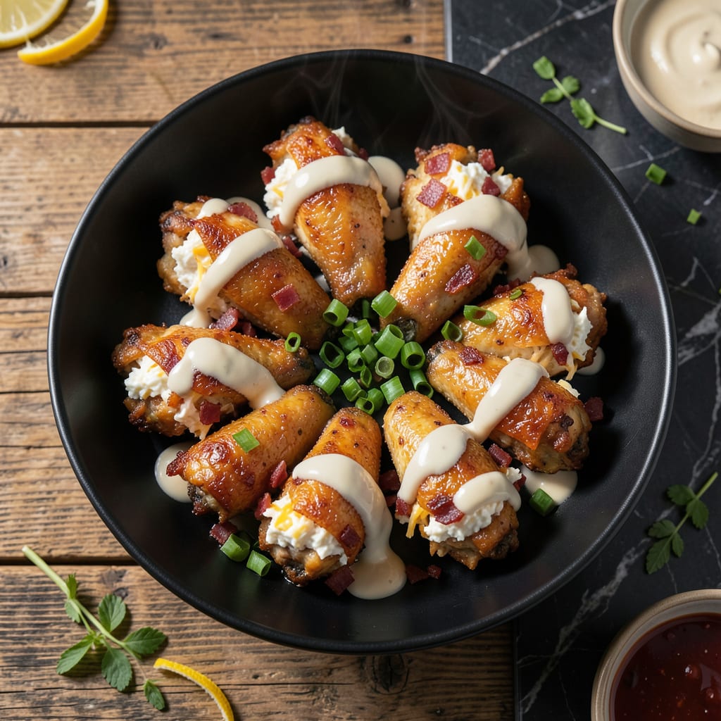 2 Fat 2 Fly Stuffed Chicken Wings Recipe: Double Stuffed Flavor Explosion illustration with key details