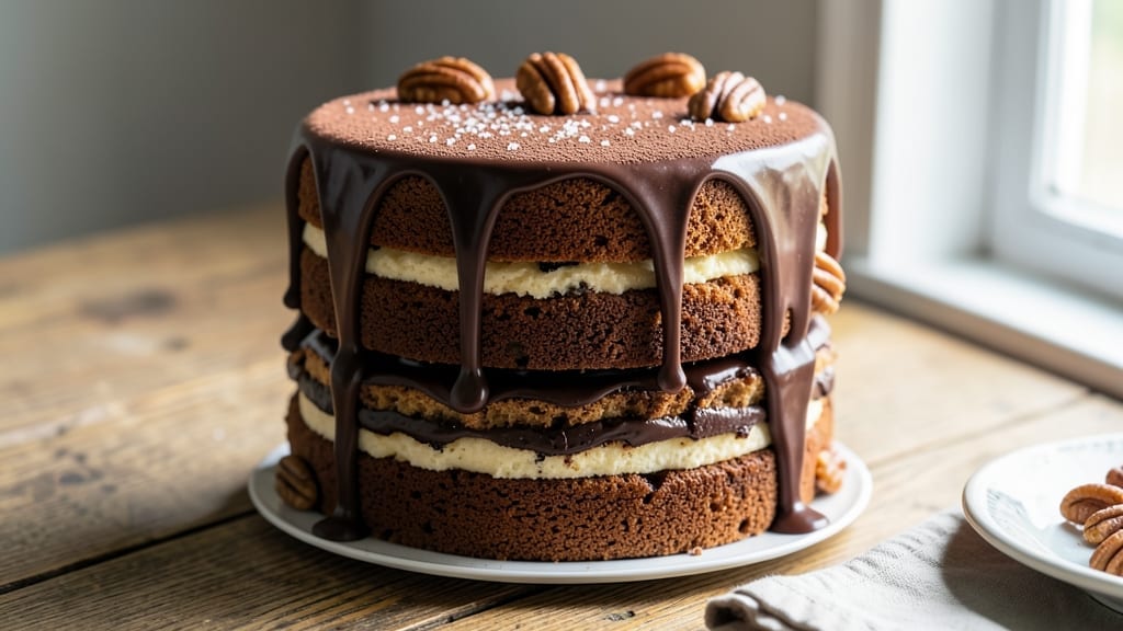 3 Layer German Chocolate Cake Recipe From Scratch: Walnut Pecan Streusel and Cream Cheese Frosting Harmony