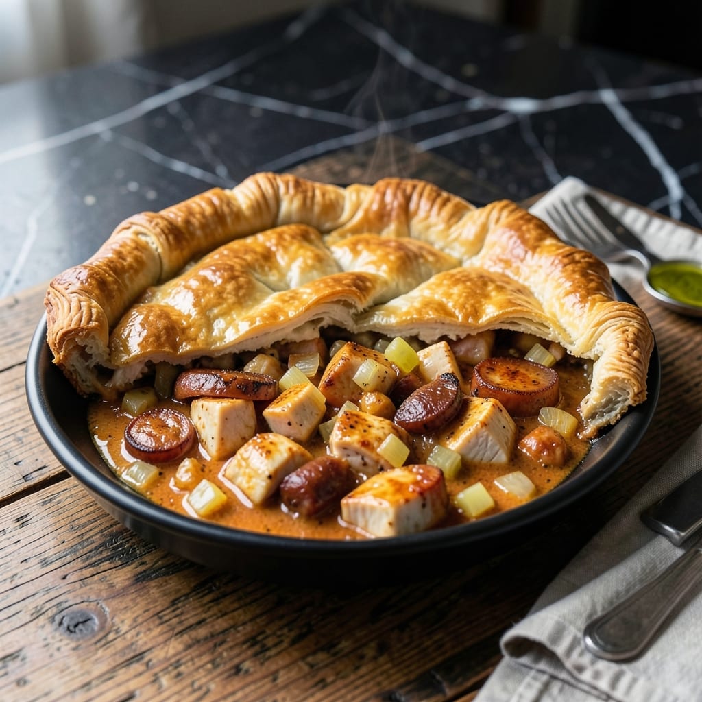 Cajun Chicken and Sausage Pot Pie Recipe: Spicy Flaky Crust Delight