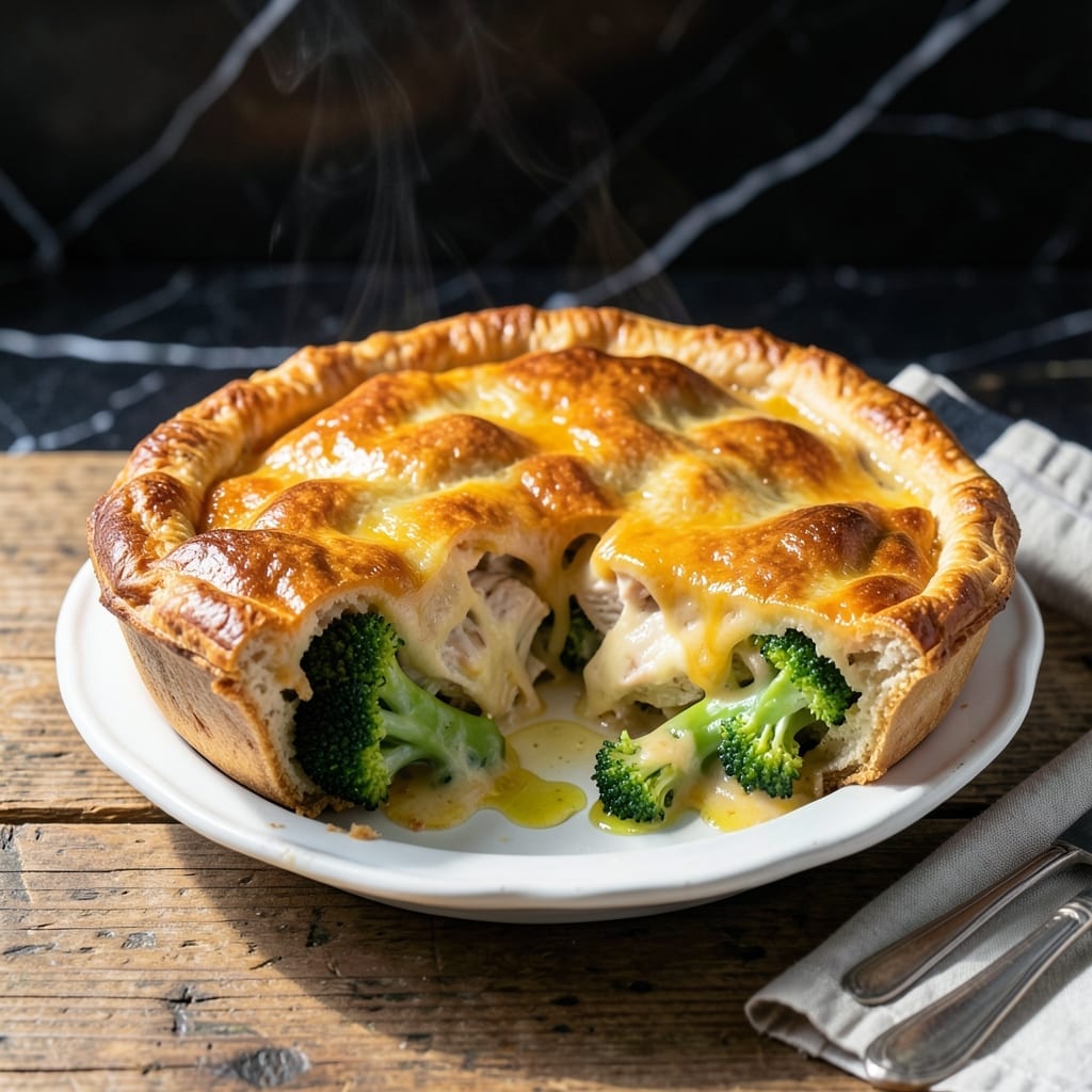 Broccoli Cheddar Chicken Pot Pie Recipe: Flaky Crust Over Velvety Filling Broccoli Cheddar Chicken Pot Pie Recipe: Flaky Crust Over Velvety Filling