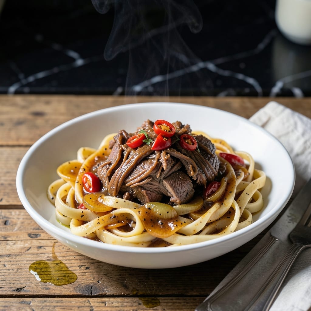 Mississippi Pot Roast Noodles Recipe: Pepperoncini-Infused Tender Beef Over Buttered Egg Noodles Mississippi Pot Roast Noodles Recipe: Pepperoncini-Infused Tender Beef Over Buttered Egg Noodles