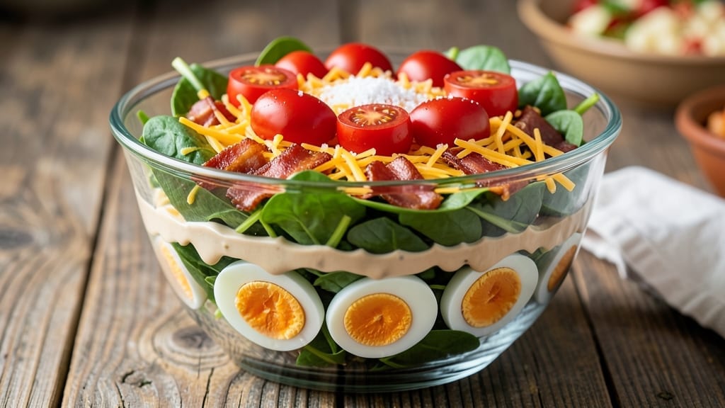 7 Layer Salad Recipe With Spinach: Colorful Stack of Creamy, Crunchy, and Cheesy Layers