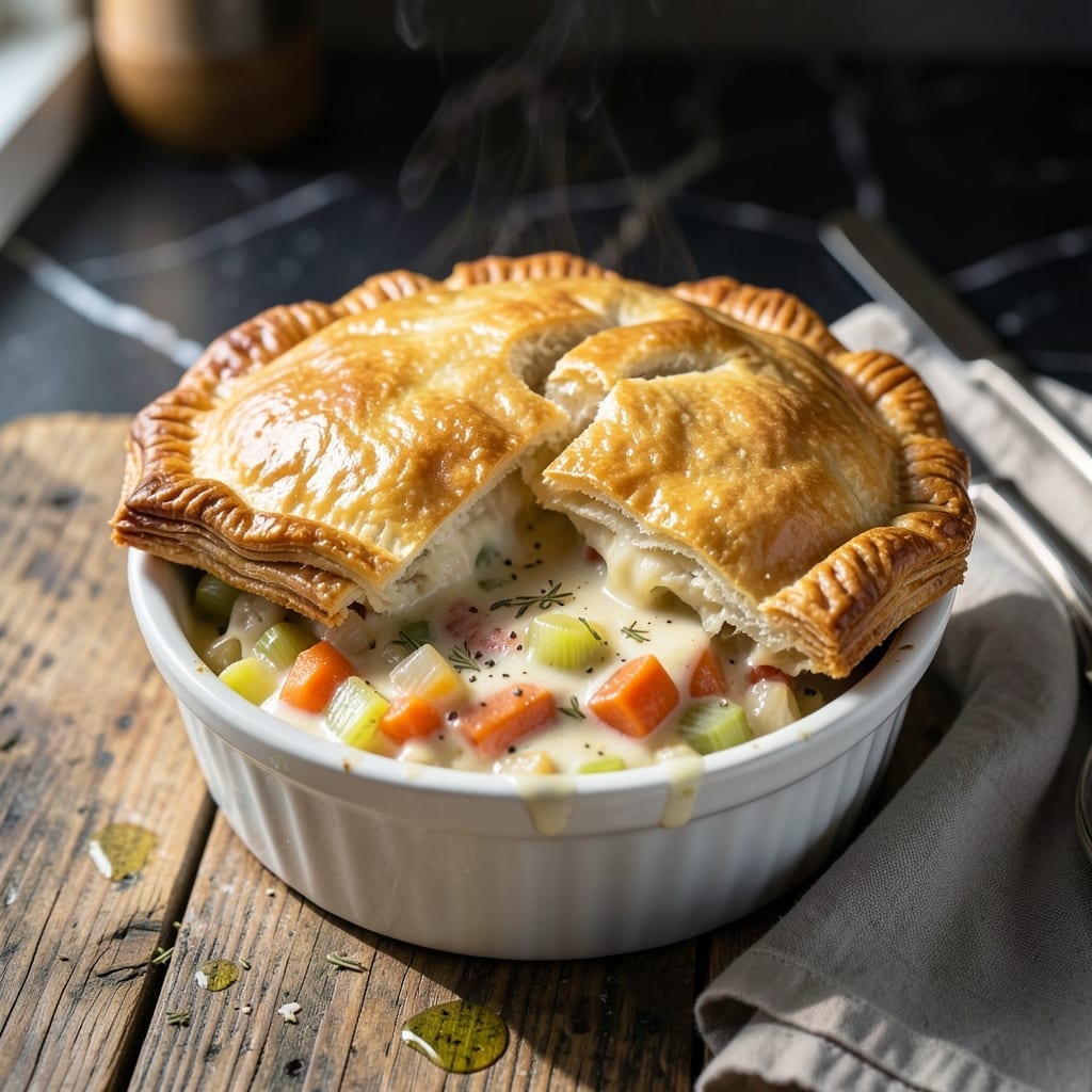 Individual Vegetarian Pot Pie Recipe: Golden Puff Pastry Over Garden Fresh Fillings