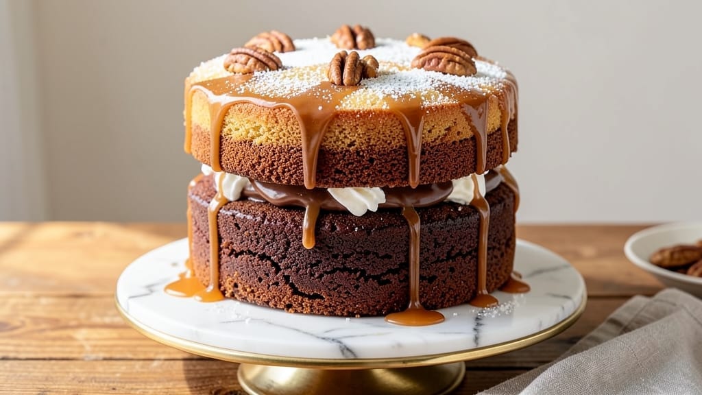 2 Layer German Chocolate Cake Recipe: Fudgy Bottom, Crispy Top, Walnut-Studded Magic 2 Layer German Chocolate Cake Recipe: Fudgy Bottom, Crispy Top, Walnut-Studded Magic