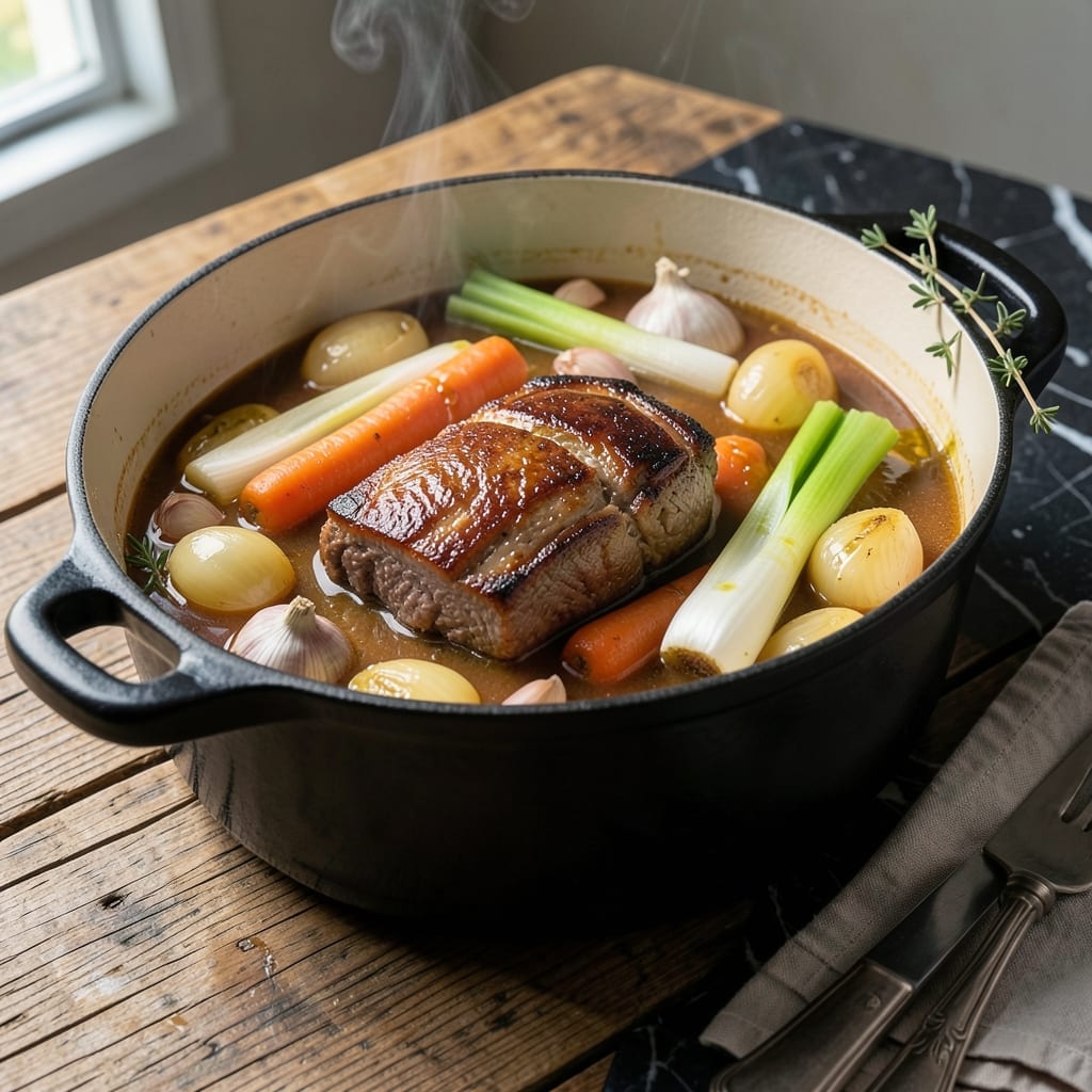 Classic Pot Au Feu Recipe: French Rustic Stew With Tender Meat and Vegetables Classic Pot Au Feu Recipe: French Rustic Stew With Tender Meat and Vegetables