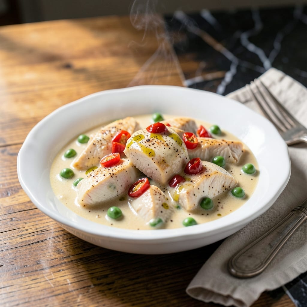 Crock Pot Chicken a LA King Recipe: Velvety Sauce With Peas and Pimientos Crock Pot Chicken a LA King Recipe: Velvety Sauce With Peas and Pimientos