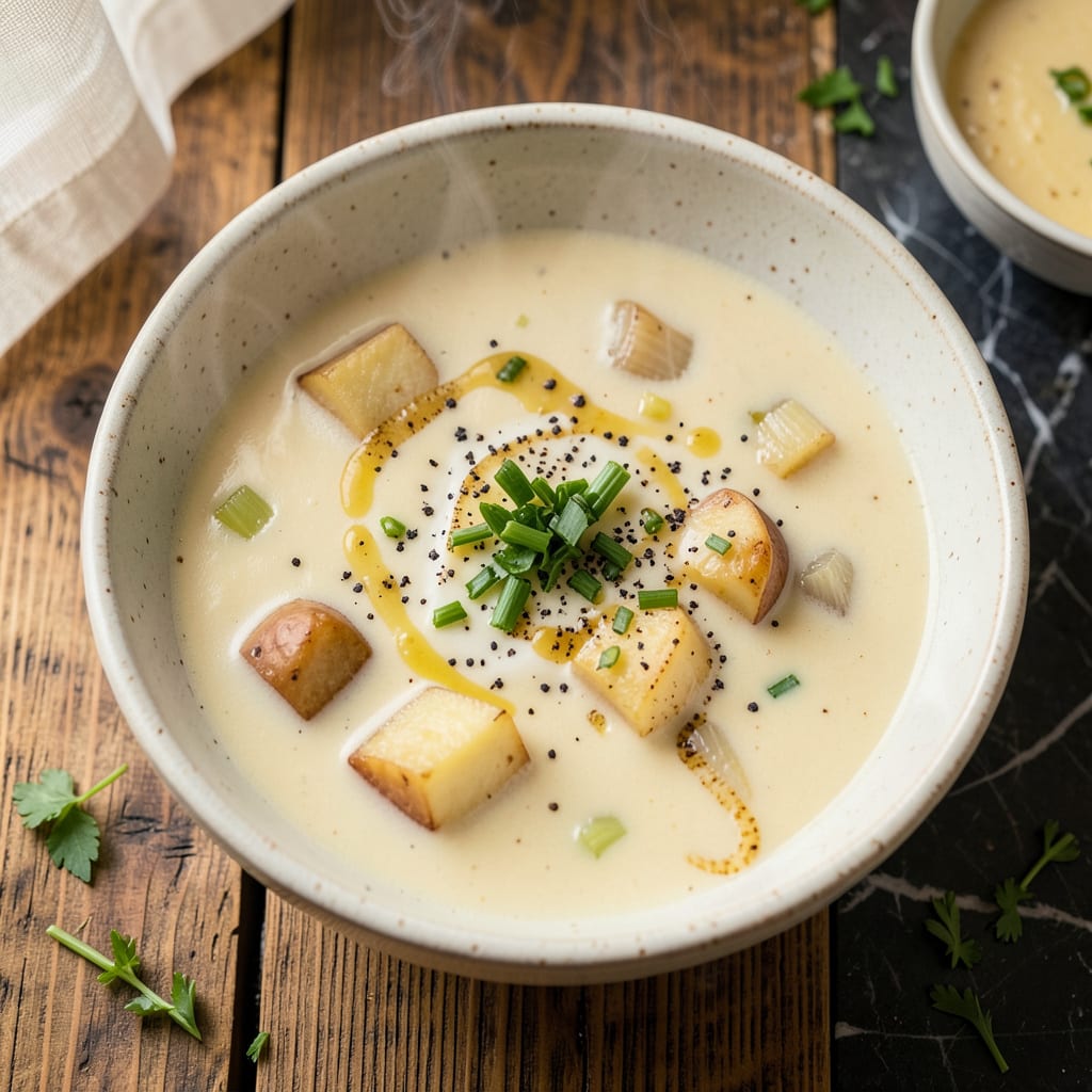 54th street potato soup recipe illustration with key details