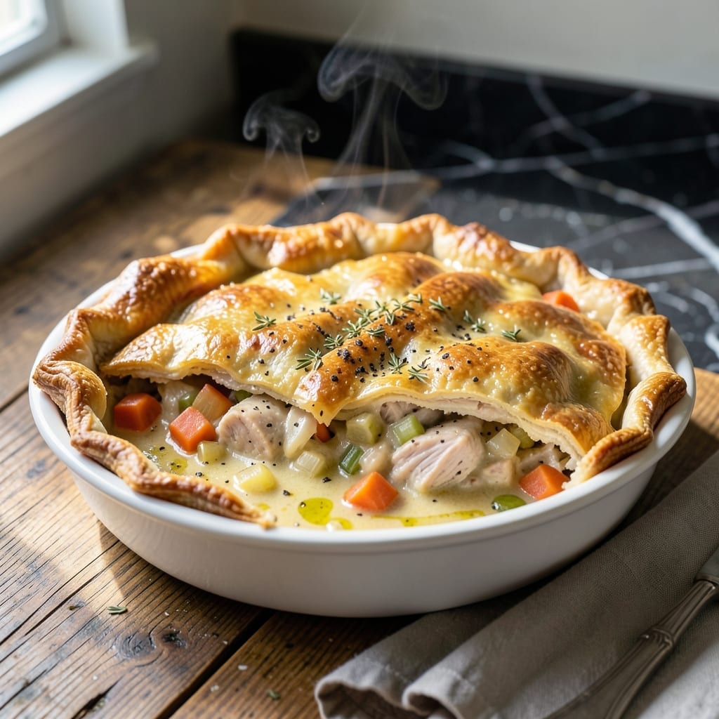Recipe for Turkey Pot Pie With Leftover Turkey: Flaky Crust Over Savory Herbed Filling Recipe for Turkey Pot Pie With Leftover Turkey: Flaky Crust Over Savory Herbed Filling