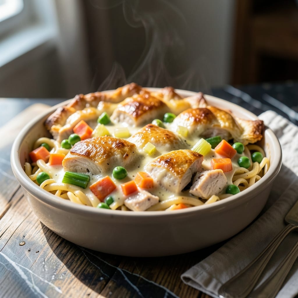 Chicken Pot Pie Pasta Bake Recipe: Creamy Noodles With Flaky Biscuit Topping