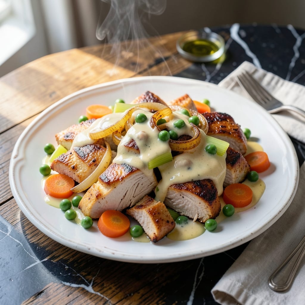 Inside Out Chicken Pot Pie Recipe: Golden Biscuit Topping With Creamy Filling