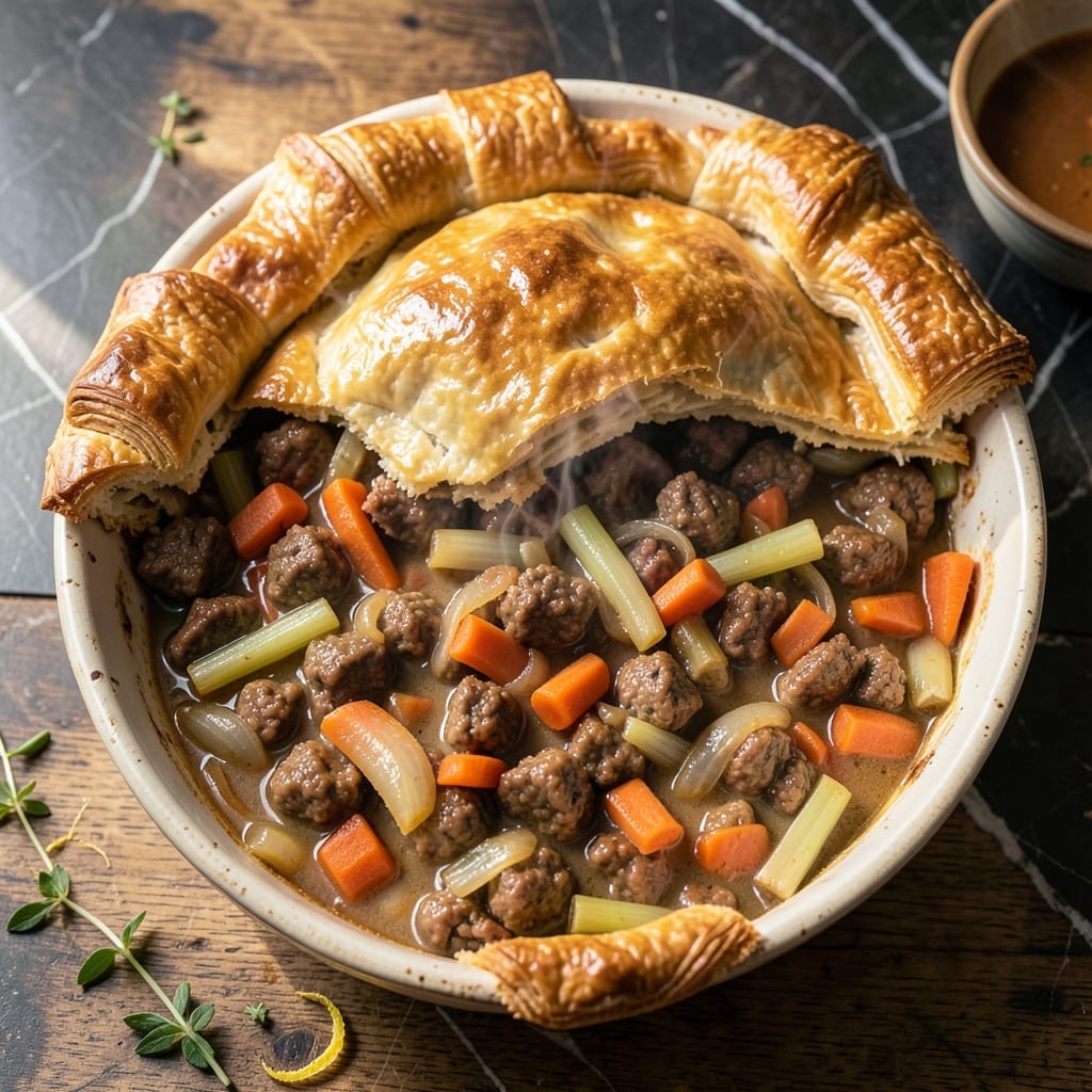 Beef Pot Pie Casserole Recipe: Flaky Topping Over Hearty Beef Stew