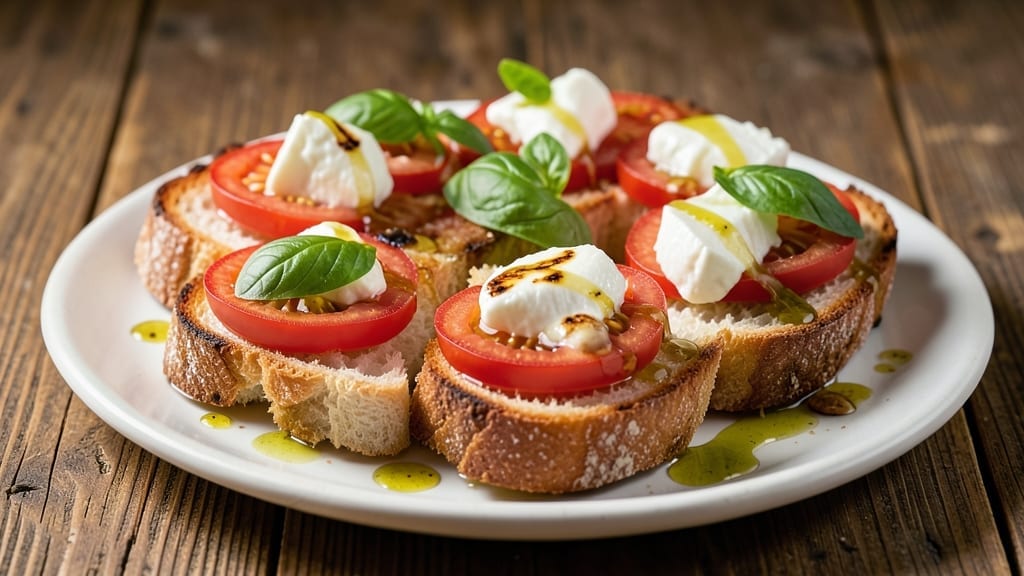5 Star Bruschetta Recipe with Cheese: Crispy Toast Topped With Tomato, Basil, and Melty Mozzarella