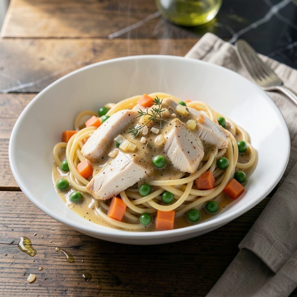 Chicken Pot Pie Pasta Recipe: Creamy Herbed Filling Without the Crust Chicken Pot Pie Pasta Recipe: Creamy Herbed Filling Without the Crust