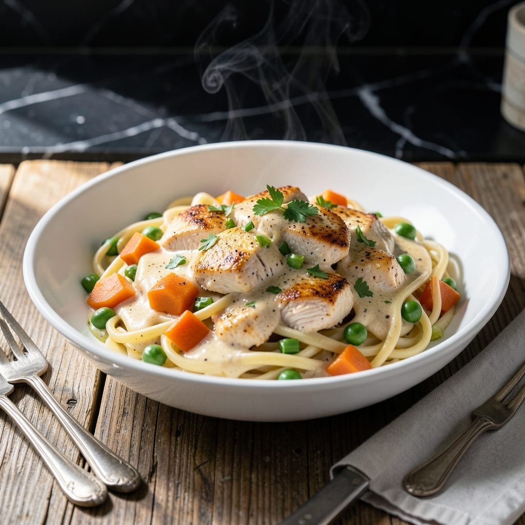 Creamy Chicken Pot Pie Pasta Recipe: One-Pot Comfort With Flaky Biscuit Topping