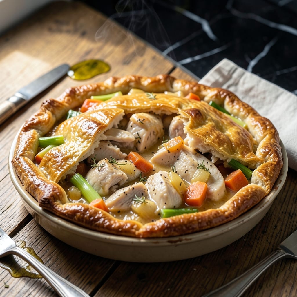 Chicken Pot Pie Recipe: Flaky Pastry Over Savory Herb Filling Chicken Pot Pie Recipe: Flaky Pastry Over Savory Herb Filling