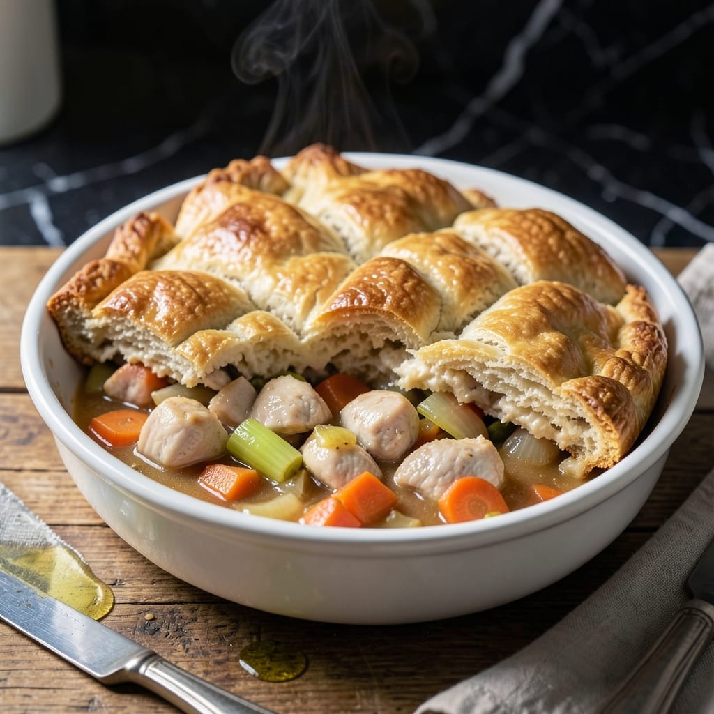 Homemade Chicken Pot Pie Recipe With Biscuits: Fluffy Topping Over Creamy Herb Filling