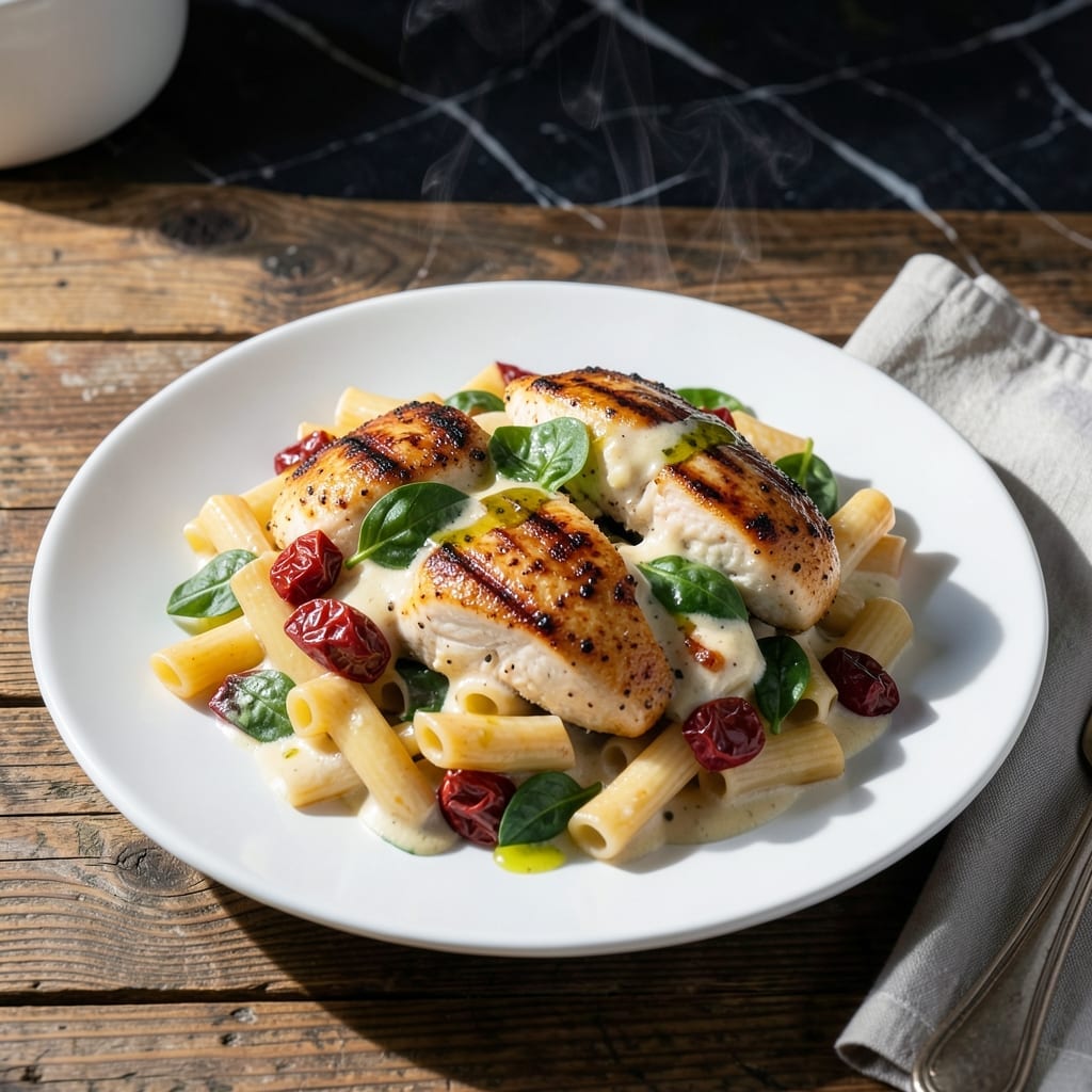 One Pot Tuscan Chicken Rigatoni Recipe: Sun-Dried Tomato and Spinach Delight