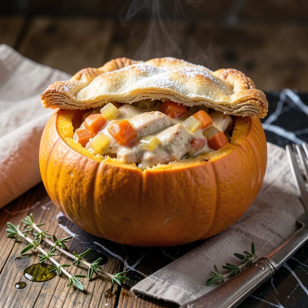 Chicken Pot Pie in a Pumpkin Recipe: Savory Filling in a Festive Shell Chicken Pot Pie in a Pumpkin Recipe: Savory Filling in a Festive Shell