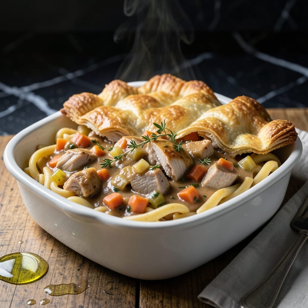 Turkey Pot Pie Pasta Recipe: Creamy Noodles With Flaky Topping Turkey Pot Pie Pasta Recipe: Creamy Noodles With Flaky Topping