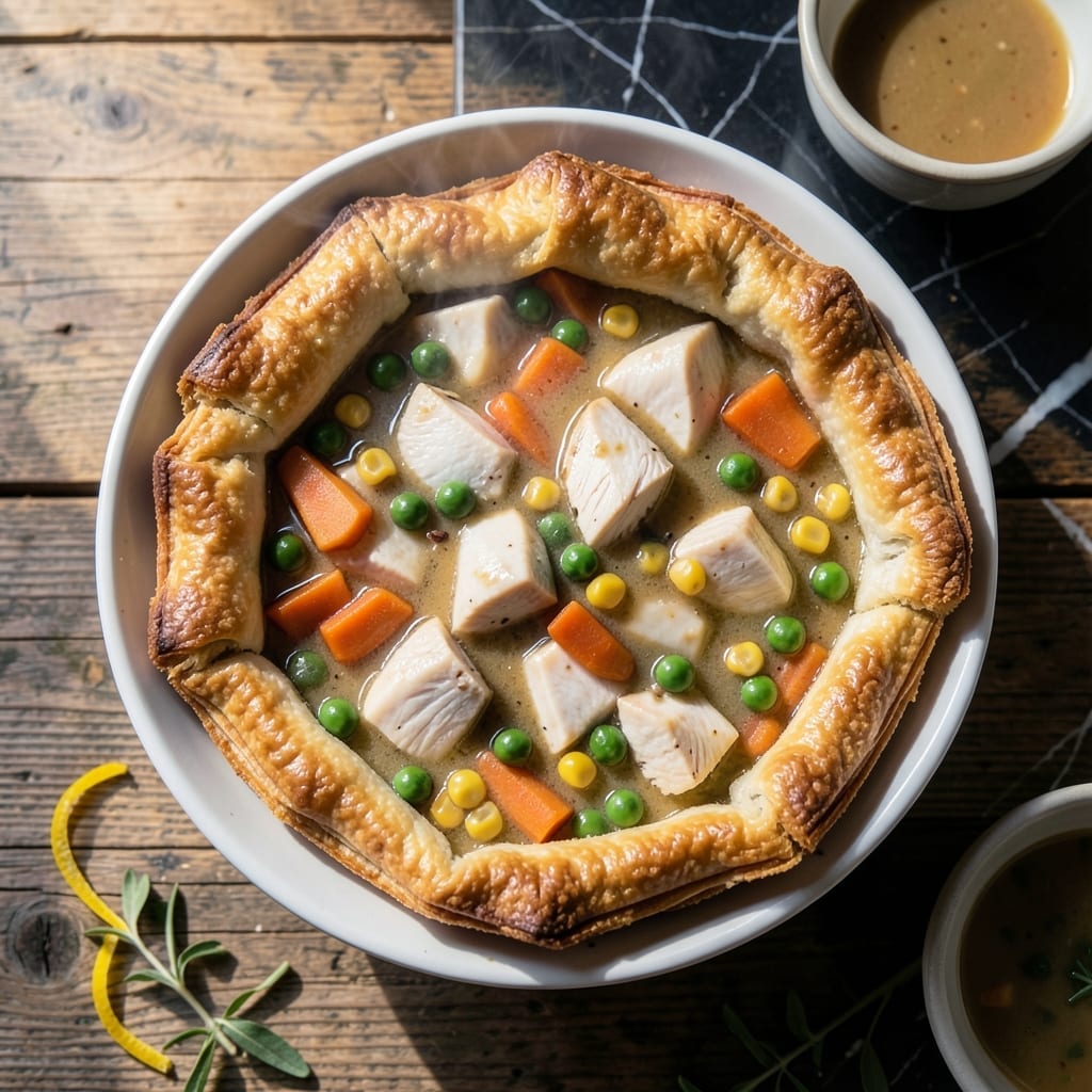 Chicken Pot Pie Recipe Without Dairy: Flaky Golden Crust on Veggie-Packed Filling