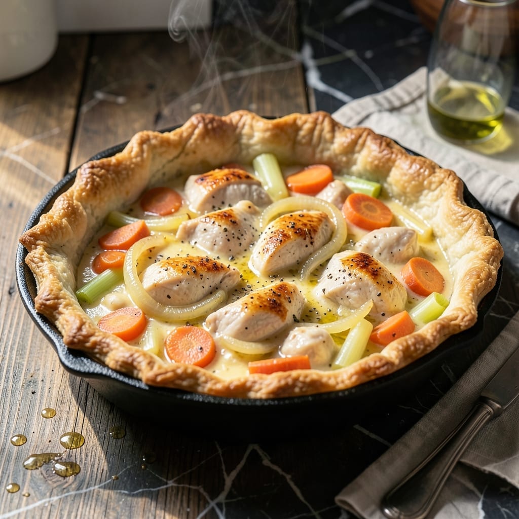 One Pan Chicken Pot Pie Recipe: Flaky Crust Over Creamy Filling
