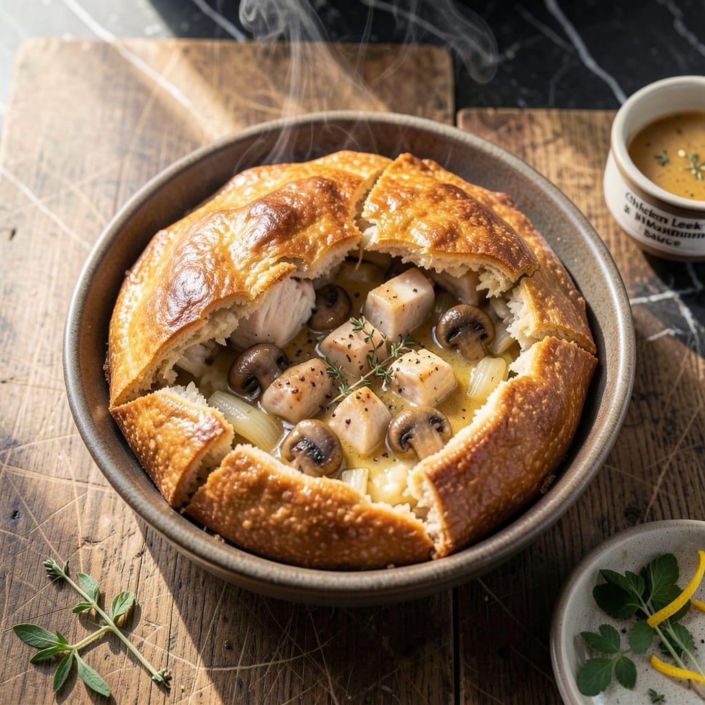 Chicken Leek and Mushroom Pot Pie Recipe: Flaky Pastry Over Herb-Infused Creaminess