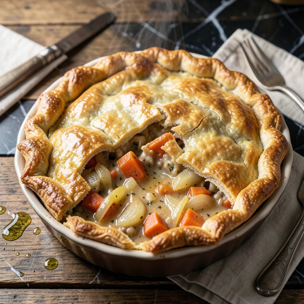 Basic Pot Pie Recipe: Golden Crust Over Hearty Vegetable Filling illustration with key details
