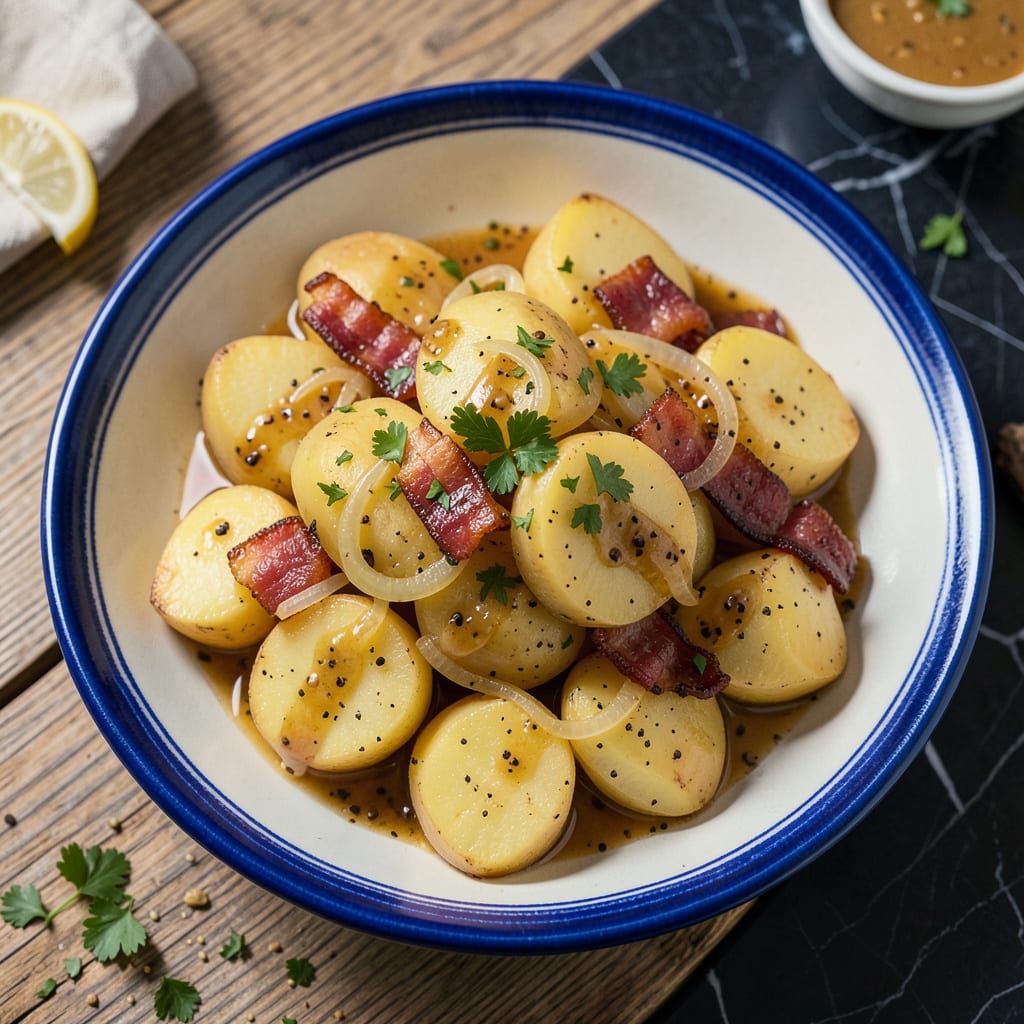 Bavarian Potato Salad Recipe: Warm, Tangy, and Bacon Studded Perfection illustration with key details