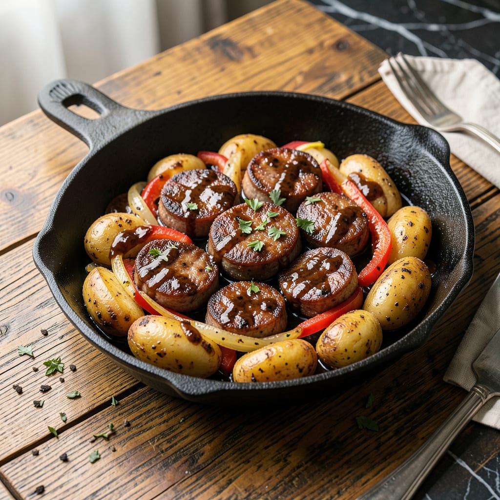Visual representation of BBQ Sausage and Potatoes Recipe: Smoky One Pan Weeknight Dinner