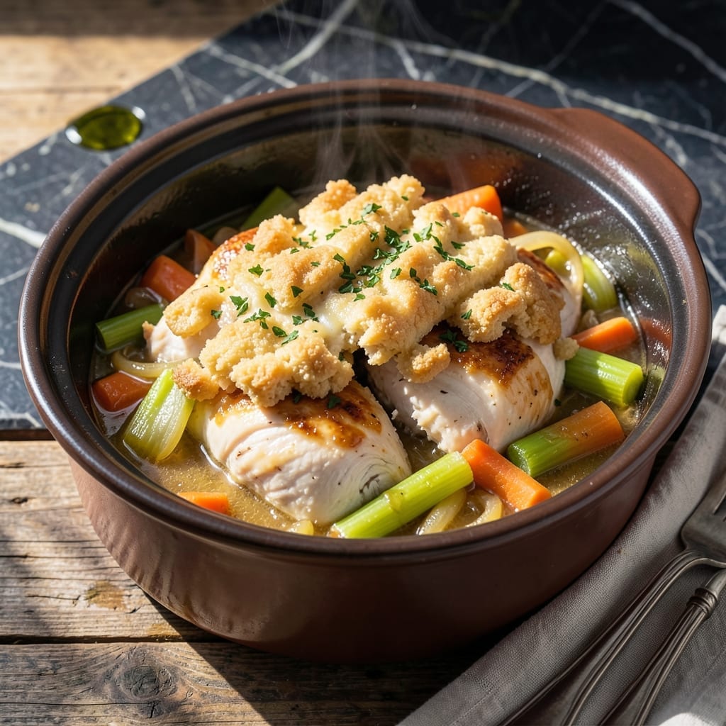 Crock Pot Chicken Cobbler Recipe: Golden Biscuit Topping Over Savory Stew Crock Pot Chicken Cobbler Recipe: Golden Biscuit Topping Over Savory Stew