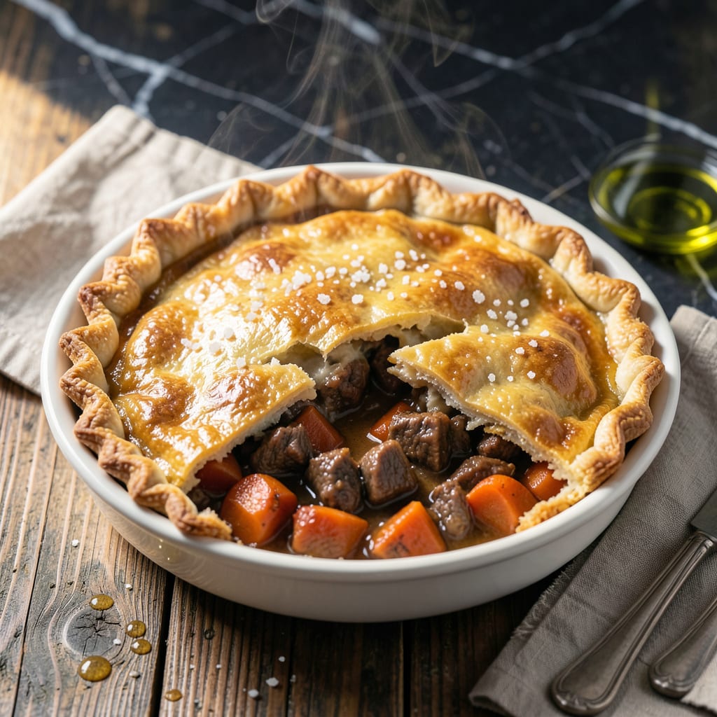 Beef Pot Pie Recipe With Leftover Pot Roast: Flaky Crust Over Savory Beef Filling illustration with key details