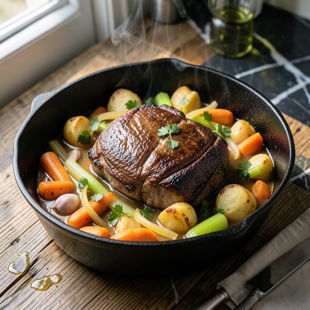 Beef Pot Roast Recipe UK: Sunday Dinner Nostalgia With British Flair illustration with key details