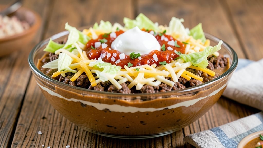 7 Layer Taco Salad Dip Recipe: Crunchy Topping Stack That Disappears Fast