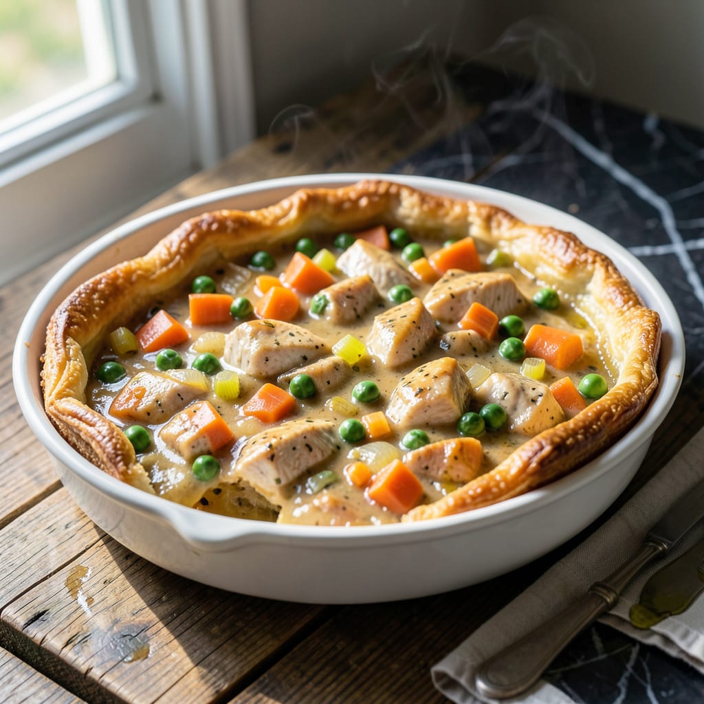Bisquick Pot Pie Recipe: Flaky Crust Over Hearty Stew illustration with key details