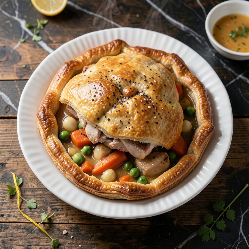 British Pot Pie Recipe: Buttery Crust Over Hearty British Filling illustration with key details