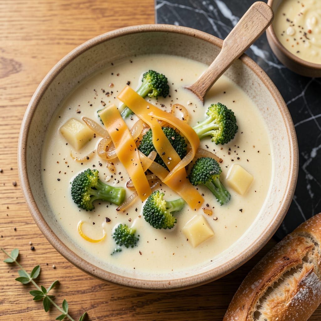 broccoli potato soup recipe illustration with key details