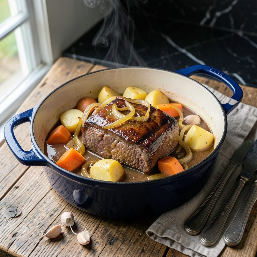 Thick Pot Roast Recipe: Dutch Oven Braised With Carrots and Potatoes Thick Pot Roast Recipe: Dutch Oven Braised With Carrots and Potatoes