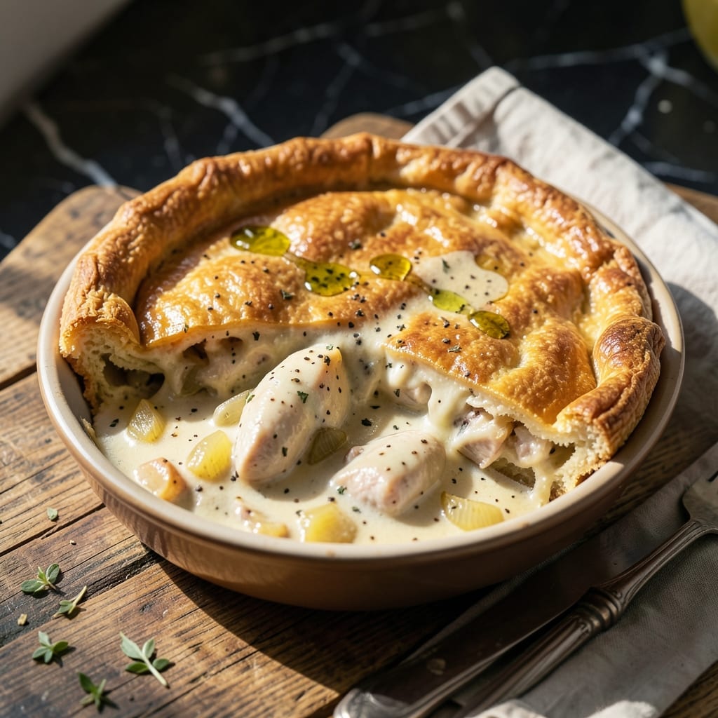 Lee's Famous Recipe Chicken Pot Pie: Flaky Crust Hugging Creamy Herb Filling