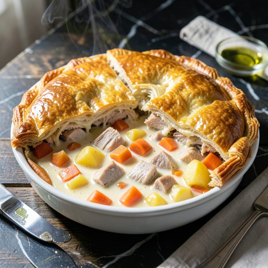 Light Turkey Pot Pie Recipe: Herbed Cream Filling Under Golden Puff Pastry Light Turkey Pot Pie Recipe: Herbed Cream Filling Under Golden Puff Pastry