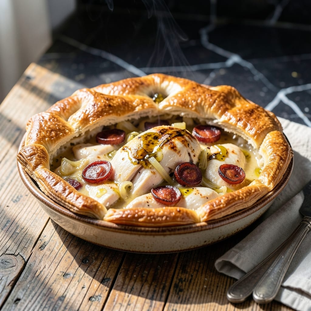 Chicken and Chorizo Pot Pie Recipe: Smoky Spanish Twist Under Flaky Crust