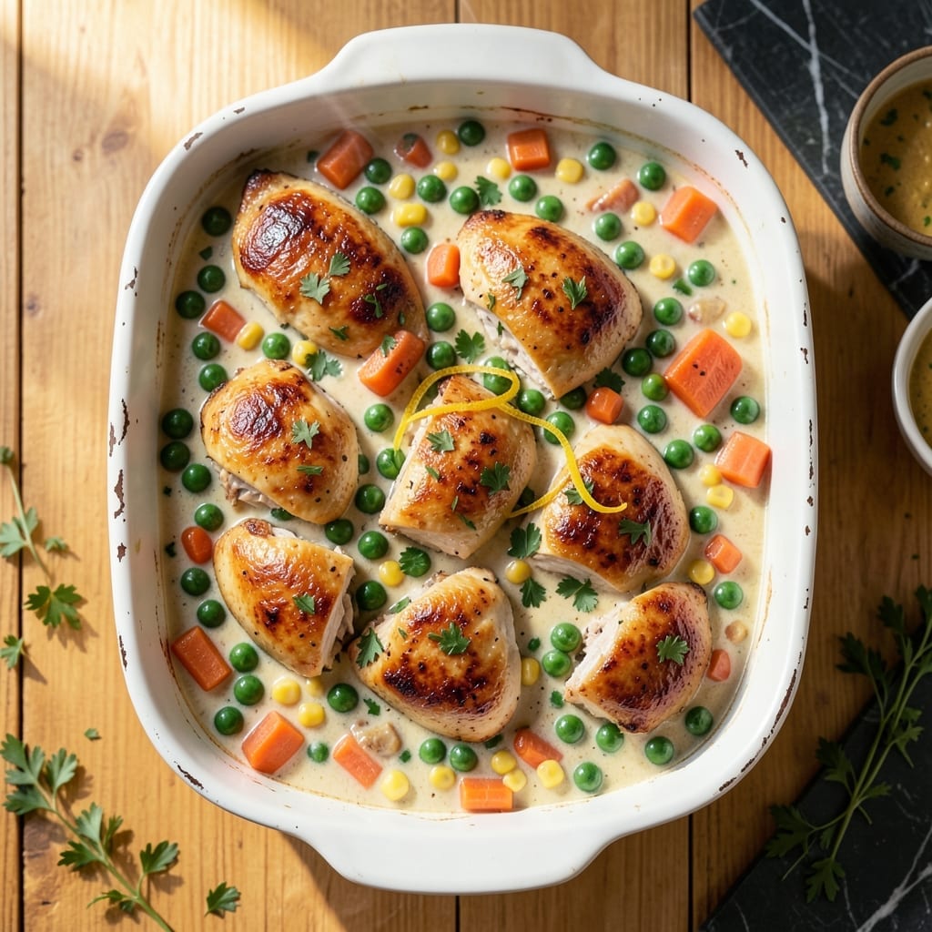Chicken Pot Casserole Recipe: Buttery Biscuit Topping Over Savory Filling