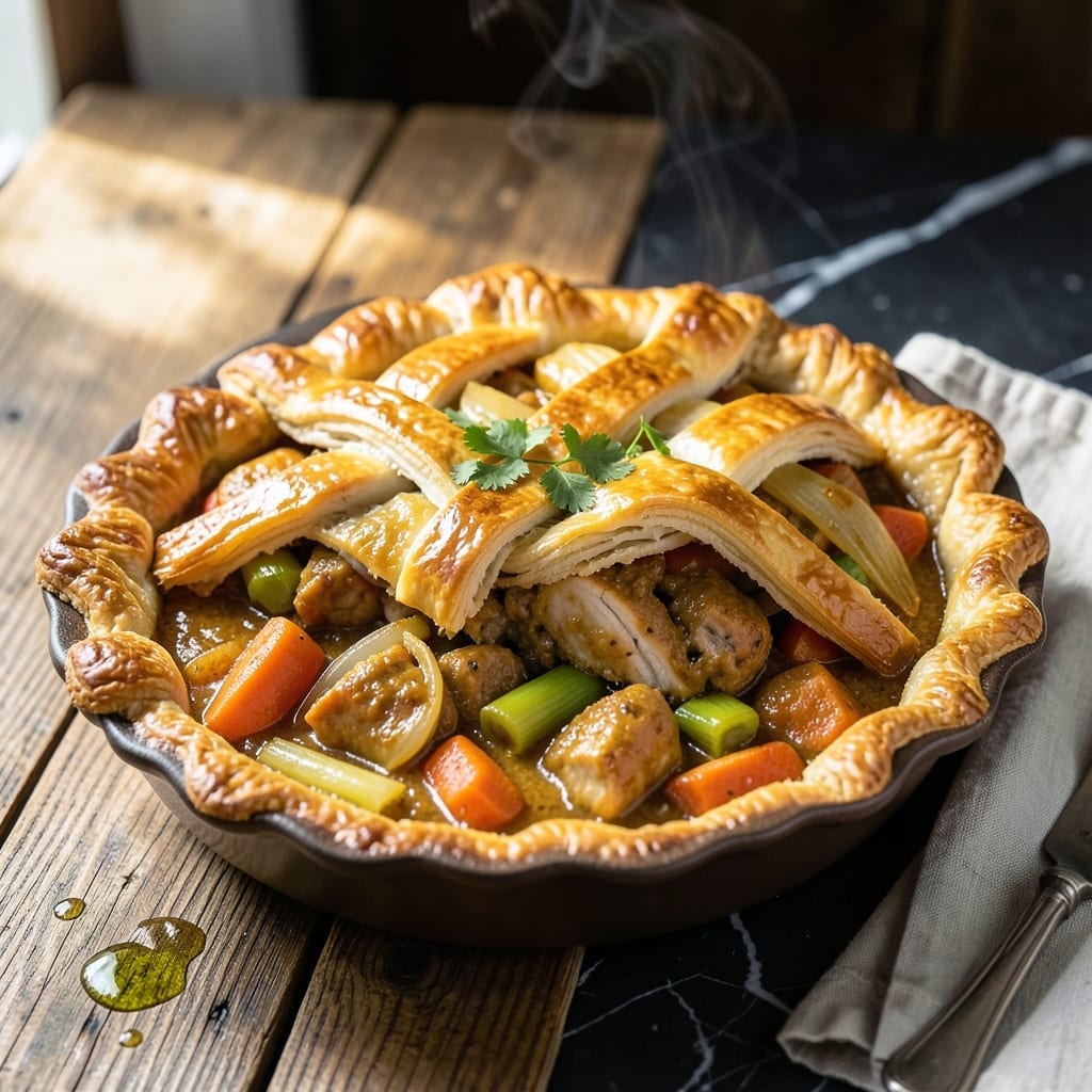 Curried Chicken Pot Pie Recipe: Spiced Cream Filling Under Flaky Crust Curried Chicken Pot Pie Recipe: Spiced Cream Filling Under Flaky Crust