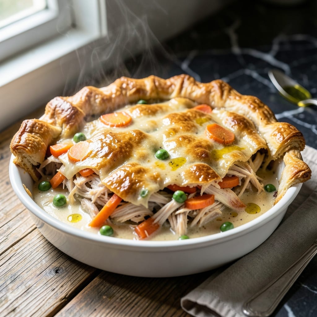 Shredded Chicken Pot Pie Recipe: Flaky Crust Over Creamy Herb Filling
