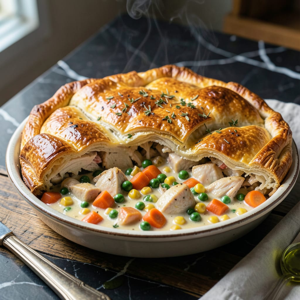 Cheater Pot Pie Recipe: Shortcut to Flaky Comfort illustration with key details