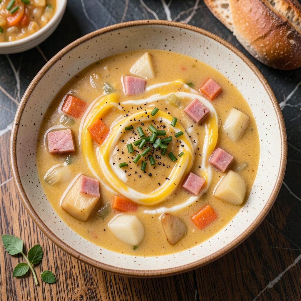 Cheesy Ham and Potato Soup Recipe: Creamy Comfort in Every Spoonful example with annotations
